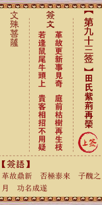 文殊菩萨灵签 第93签解签:田氏紫荆再荣